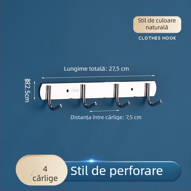 Șir de cârlige din oțel inoxidabil pentru bucătărie și baie, montaj prin găuri, sarcină mare