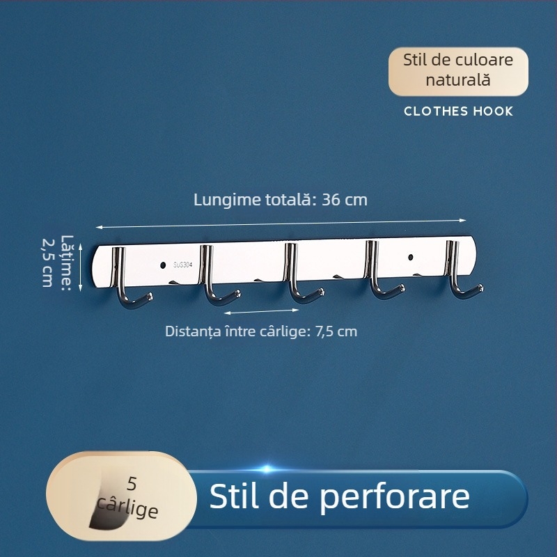 Șir de cârlige din oțel inoxidabil pentru bucătărie și baie, montaj prin găuri, sarcină mare