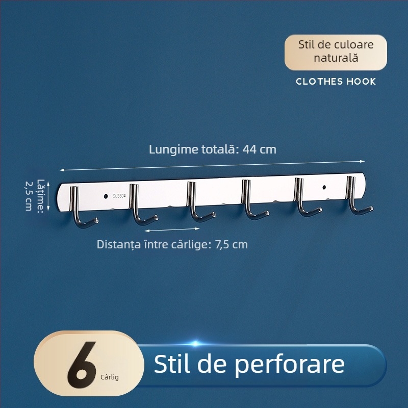 Șir de cârlige din oțel inoxidabil pentru bucătărie și baie, montaj prin găuri, sarcină mare