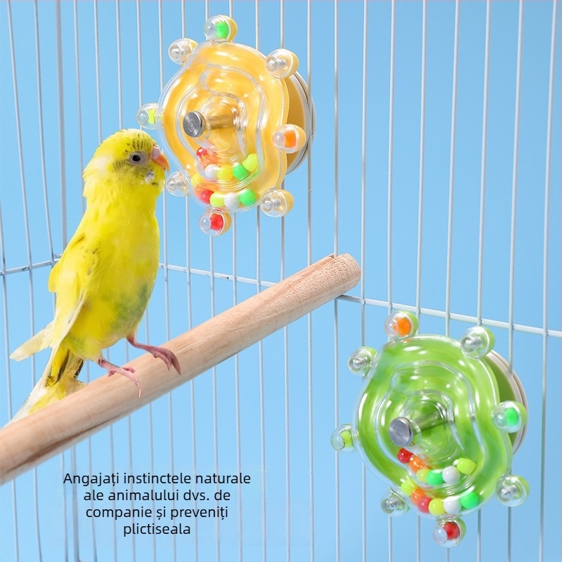 Jucărie pentru papagal: disc zburător rotativ, cu mărgele colorate pentru mestecat și relaxare a stresului