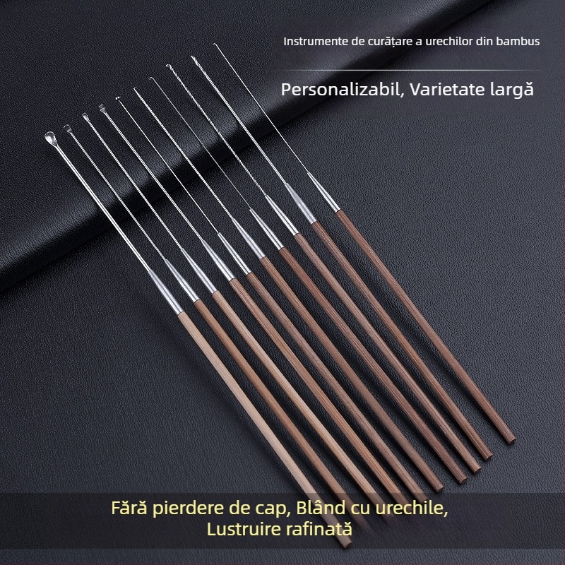 Set profesional de instrumente pentru curățarea urechii cu linguriță ultrafină, lingură pentru urechi, cârlig pentru cerumen și mânere din lemn