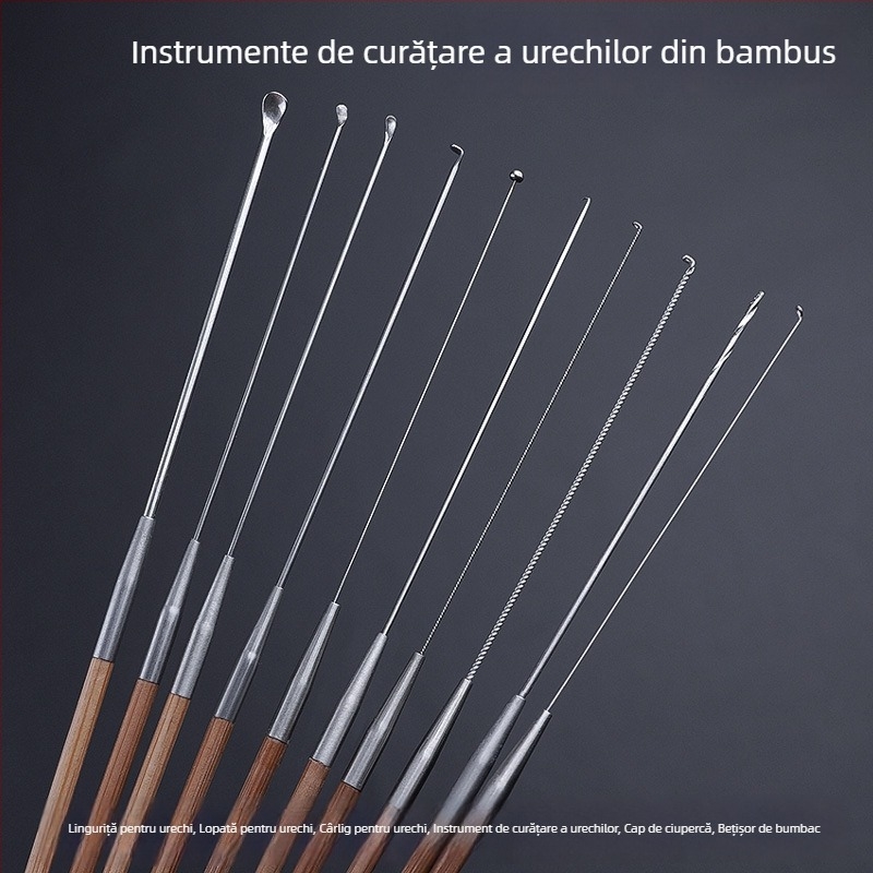 Set profesional de instrumente pentru curățarea urechii cu linguriță ultrafină, lingură pentru urechi, cârlig pentru cerumen și mânere din lemn