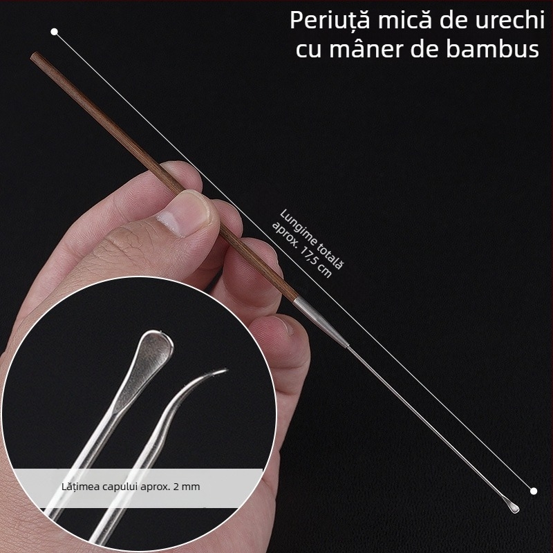 Set profesional de instrumente pentru curățarea urechii cu linguriță ultrafină, lingură pentru urechi, cârlig pentru cerumen și mânere din lemn