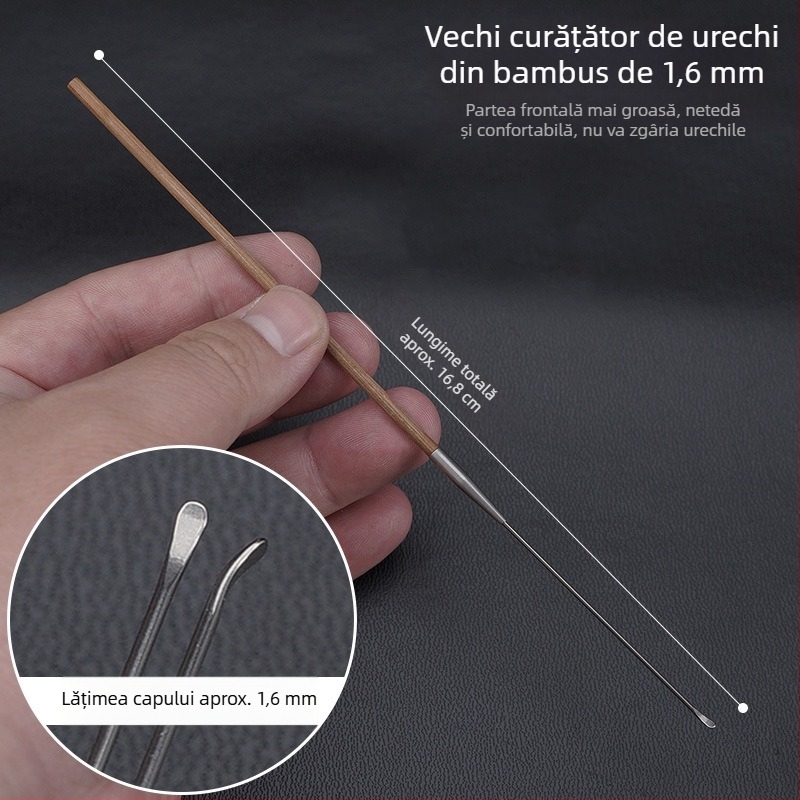 Set profesional de instrumente pentru curățarea urechii cu linguriță ultrafină, lingură pentru urechi, cârlig pentru cerumen și mânere din lemn