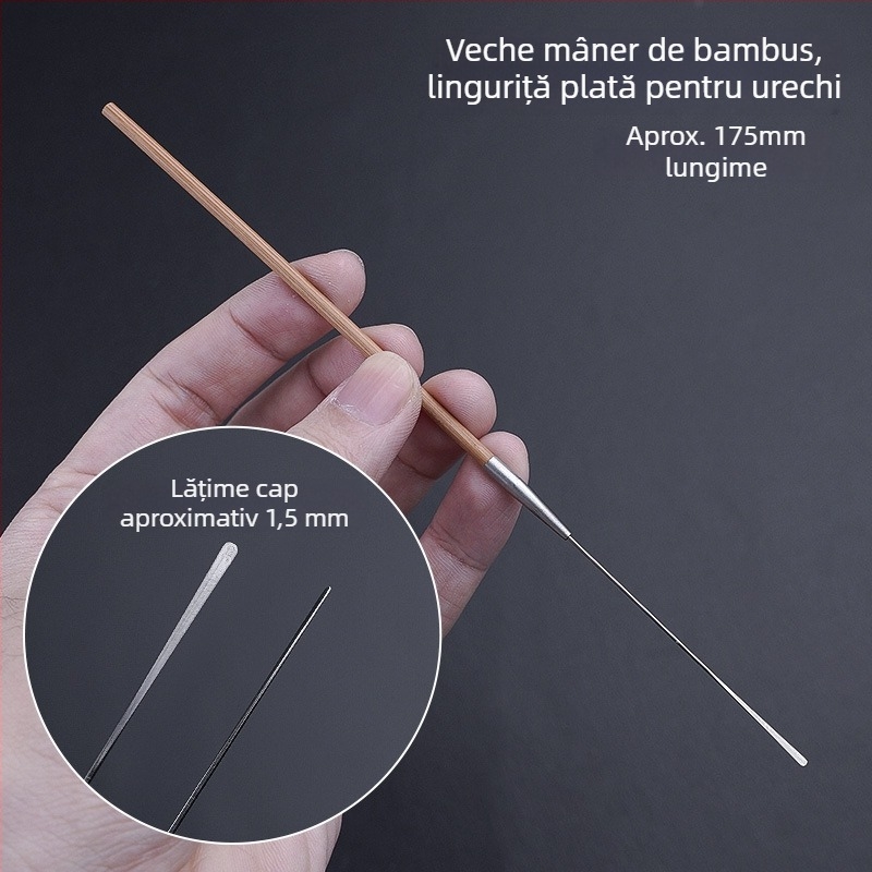 Set profesional de instrumente pentru curățarea urechii cu linguriță ultrafină, lingură pentru urechi, cârlig pentru cerumen și mânere din lemn