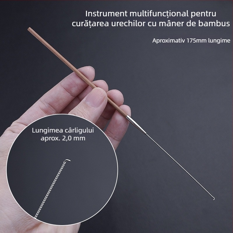 Set profesional de instrumente pentru curățarea urechii cu linguriță ultrafină, lingură pentru urechi, cârlig pentru cerumen și mânere din lemn