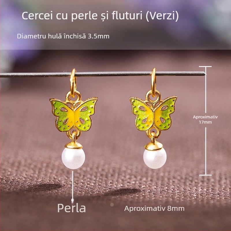 Brățară cu pandantiv fluture din argint 925, placare cu aur, email bleu, model picur de ulei, două urechi, strat dublu, charm DIY