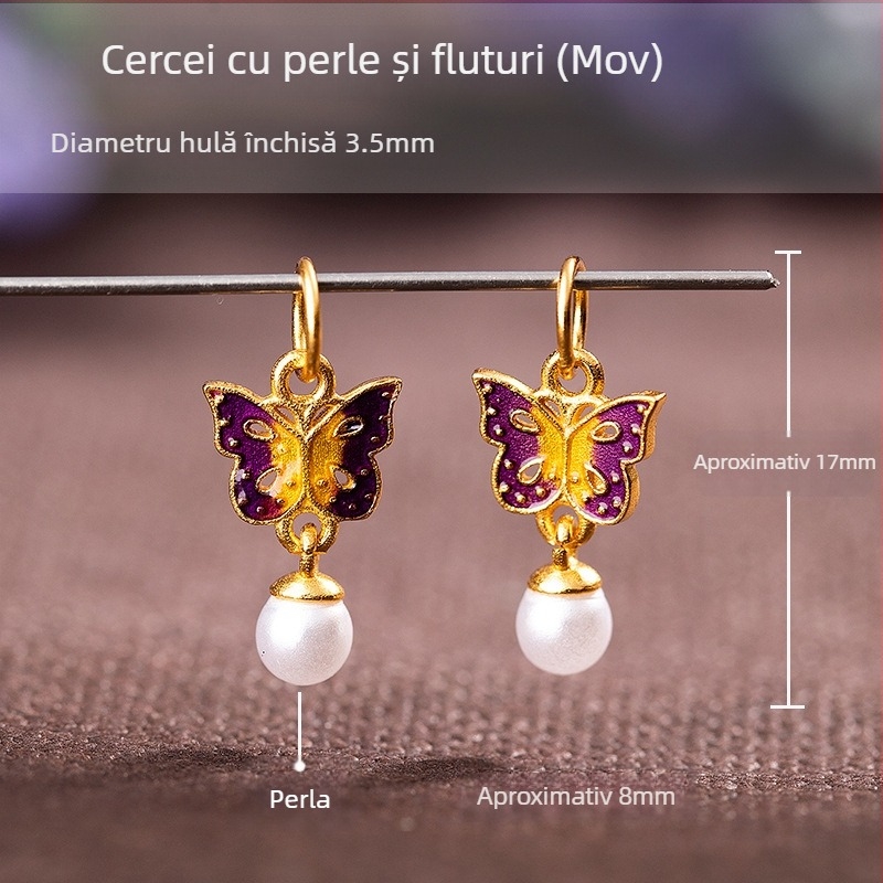 Brățară cu pandantiv fluture din argint 925, placare cu aur, email bleu, model picur de ulei, două urechi, strat dublu, charm DIY
