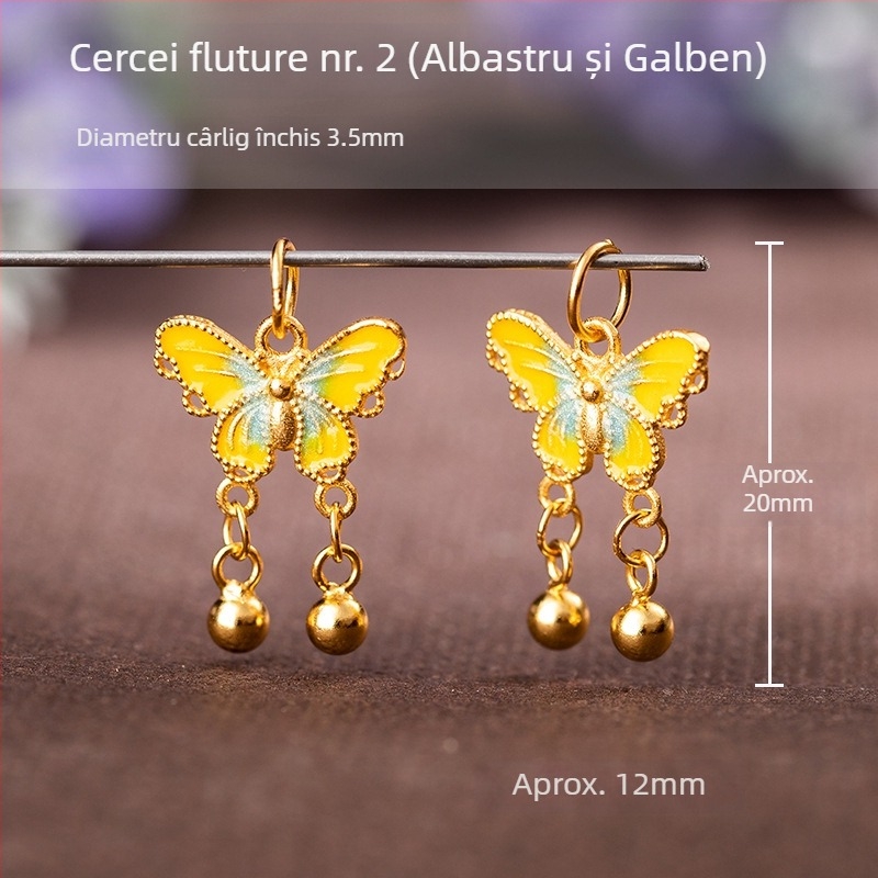 Brățară cu pandantiv fluture din argint 925, placare cu aur, email bleu, model picur de ulei, două urechi, strat dublu, charm DIY