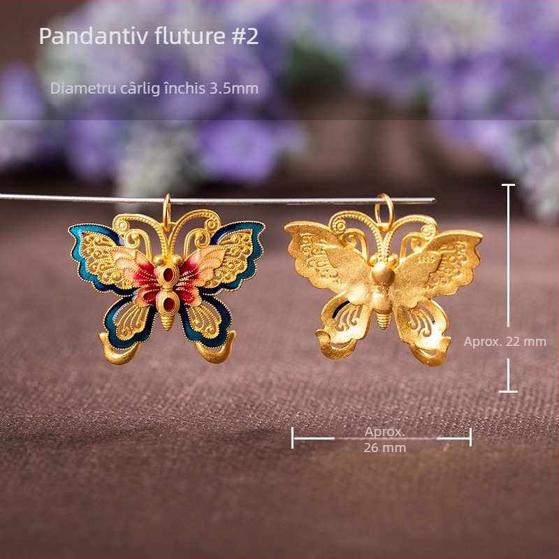 Brățară cu pandantiv fluture din argint 925, placare cu aur, email bleu, model picur de ulei, două urechi, strat dublu, charm DIY