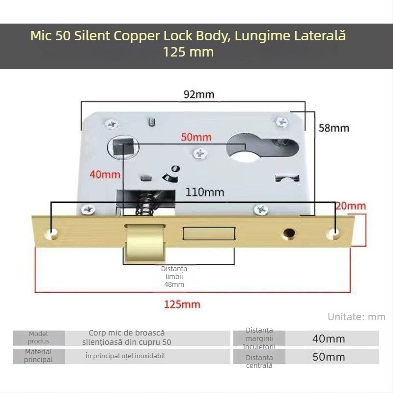 Set de încuietori pentru uși din lemn, corp de încuire universal de 50 mm, bolt din oțel inoxidabil silențios 58 mm, cilindru de încuie și accesorii