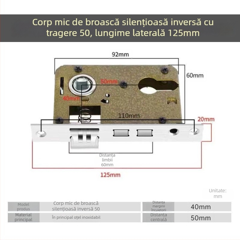 Set de încuietori pentru uși din lemn, corp de încuire universal de 50 mm, bolt din oțel inoxidabil silențios 58 mm, cilindru de încuie și accesorii