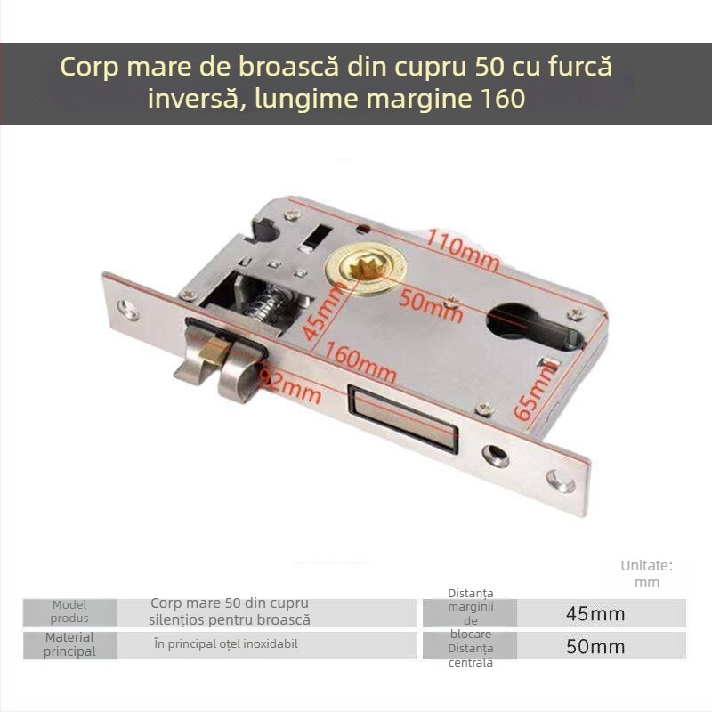 Set de încuietori pentru uși din lemn, corp de încuire universal de 50 mm, bolt din oțel inoxidabil silențios 58 mm, cilindru de încuie și accesorii