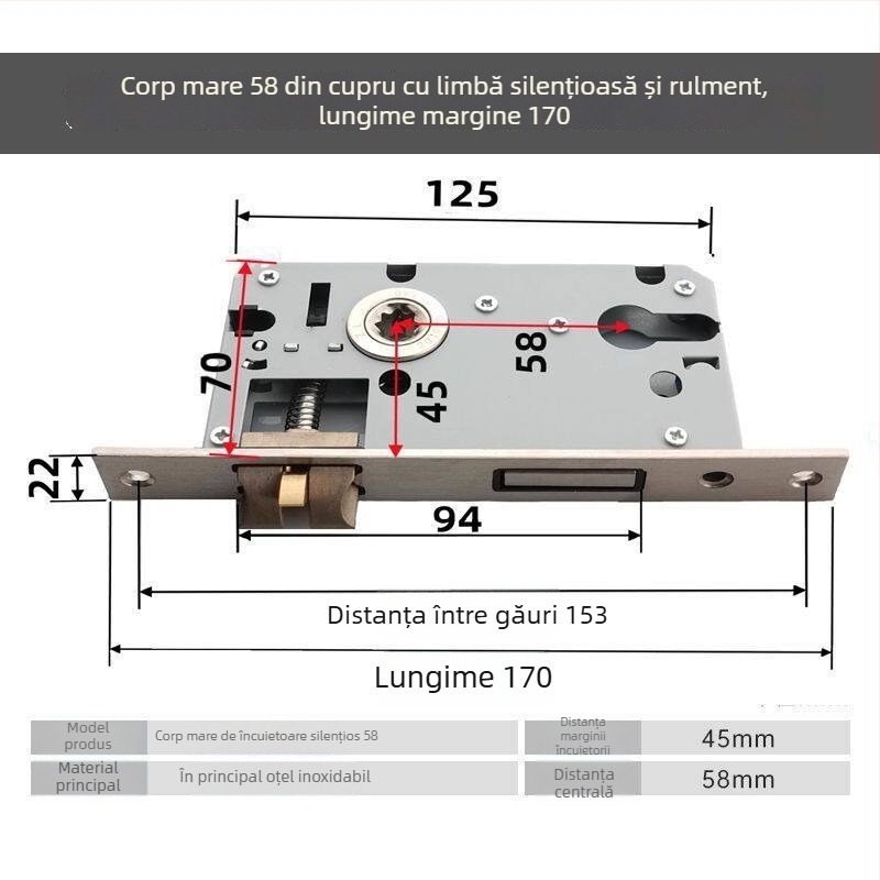 Set de încuietori pentru uși din lemn, corp de încuire universal de 50 mm, bolt din oțel inoxidabil silențios 58 mm, cilindru de încuie și accesorii