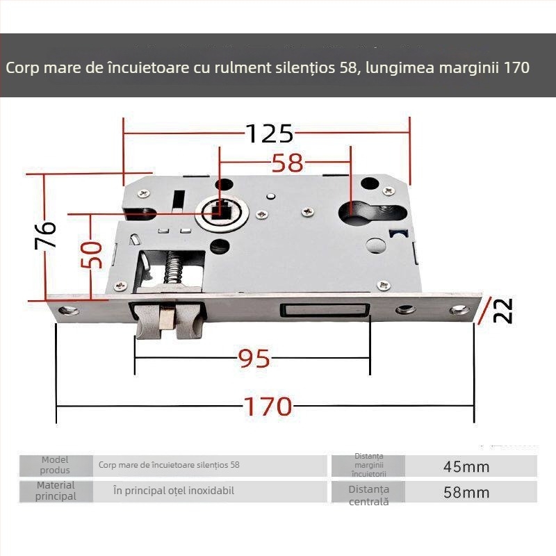 Set de încuietori pentru uși din lemn, corp de încuire universal de 50 mm, bolt din oțel inoxidabil silențios 58 mm, cilindru de încuie și accesorii