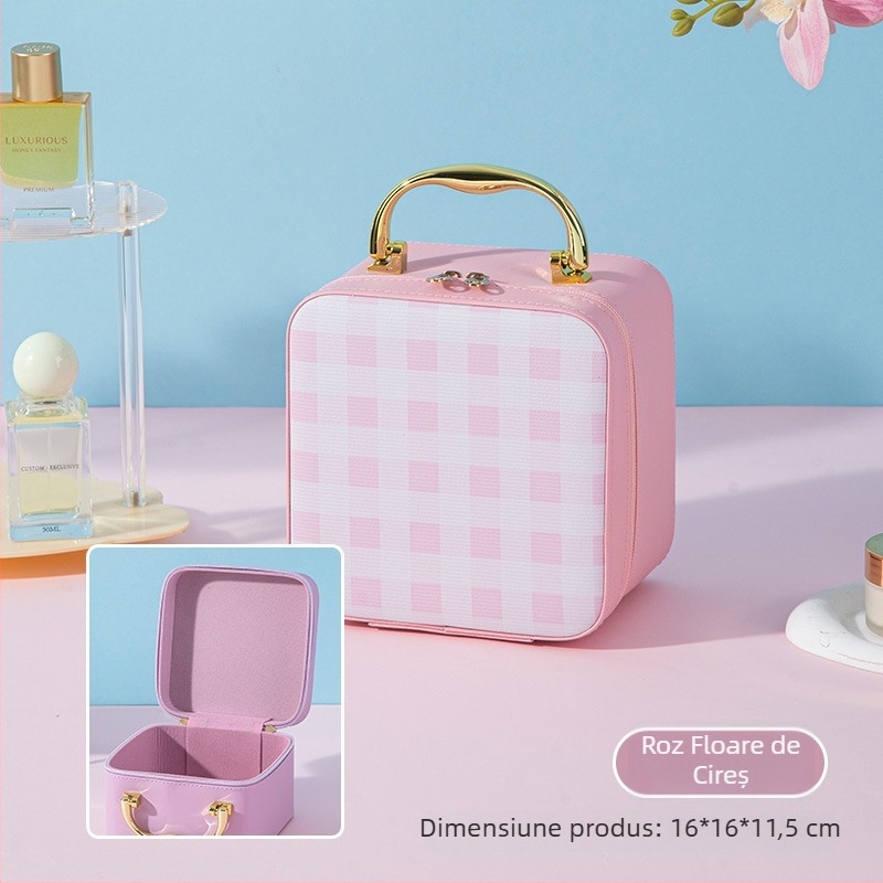Geantă de machiaj cu oglindă, cutie drăguță pentru makeup, geantă de toaletă impermeabilă, cu capacitate mare, gentuță de voiaj compactă