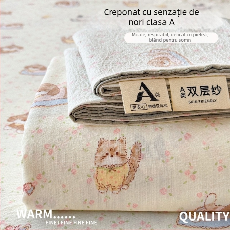 Set de cearșafuri din tifon dublu-strat, gros pentru pat single, cu husă de pernă, clasă A pentru maternitate și sugari, țesătură creponată, model floral, trei piese