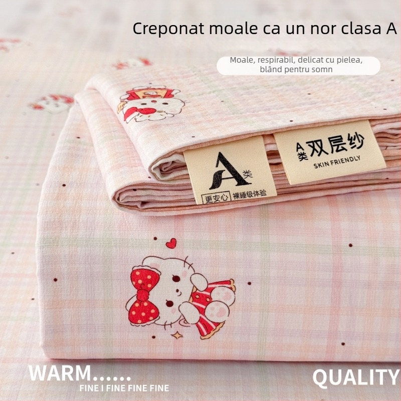 Set de cearșafuri din tifon dublu-strat, gros pentru pat single, cu husă de pernă, clasă A pentru maternitate și sugari, țesătură creponată, model floral, trei piese
