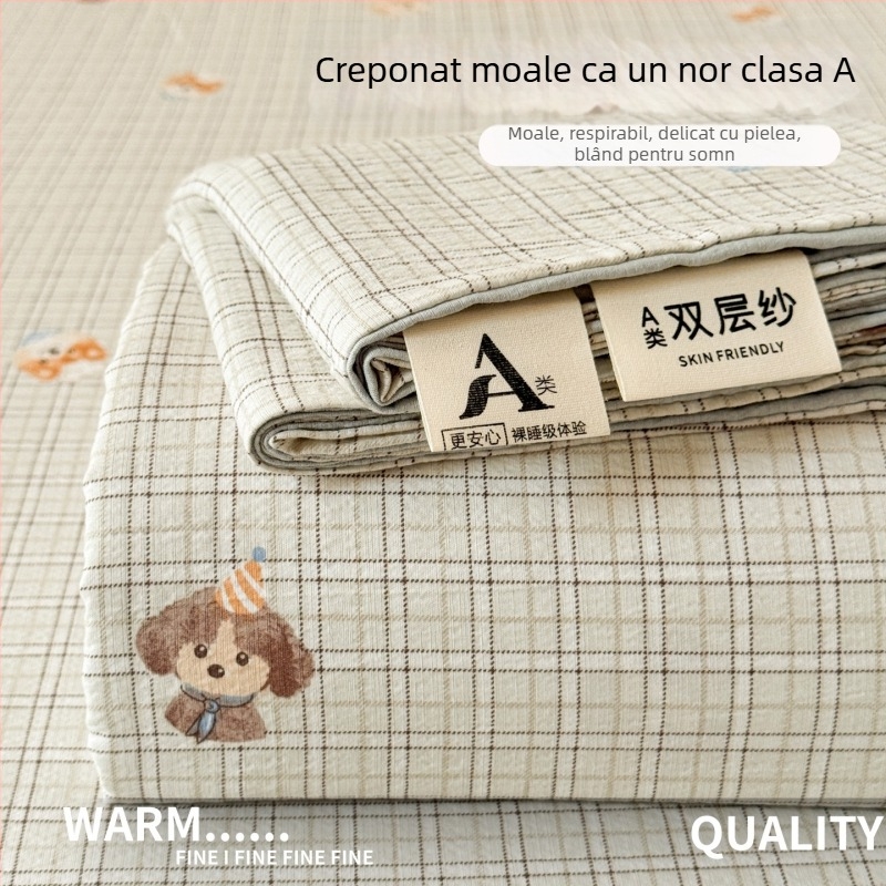 Set de cearșafuri din tifon dublu-strat, gros pentru pat single, cu husă de pernă, clasă A pentru maternitate și sugari, țesătură creponată, model floral, trei piese