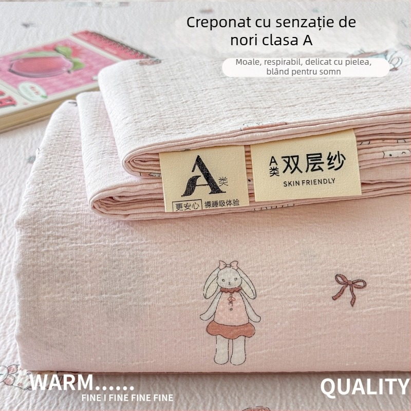 Set de cearșafuri din tifon dublu-strat, gros pentru pat single, cu husă de pernă, clasă A pentru maternitate și sugari, țesătură creponată, model floral, trei piese