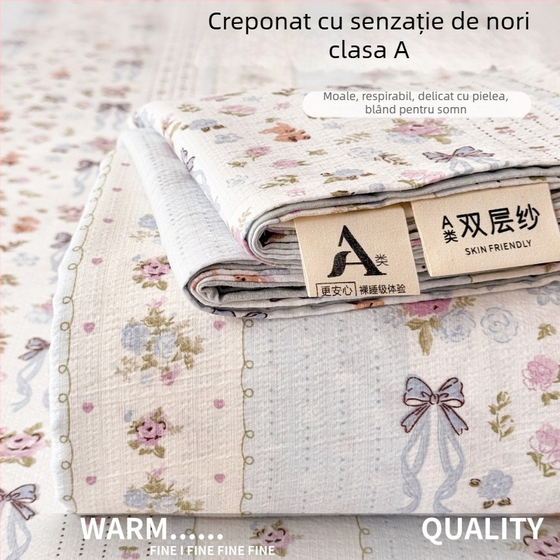 Set de cearșafuri din tifon dublu-strat, gros pentru pat single, cu husă de pernă, clasă A pentru maternitate și sugari, țesătură creponată, model floral, trei piese
