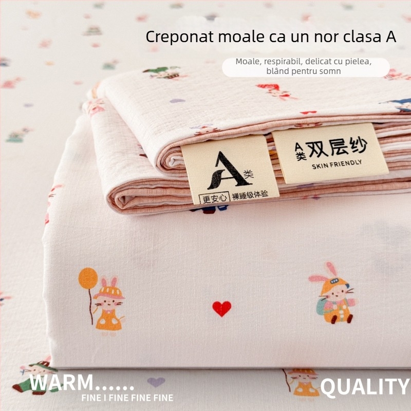 Set de cearșafuri din tifon dublu-strat, gros pentru pat single, cu husă de pernă, clasă A pentru maternitate și sugari, țesătură creponată, model floral, trei piese