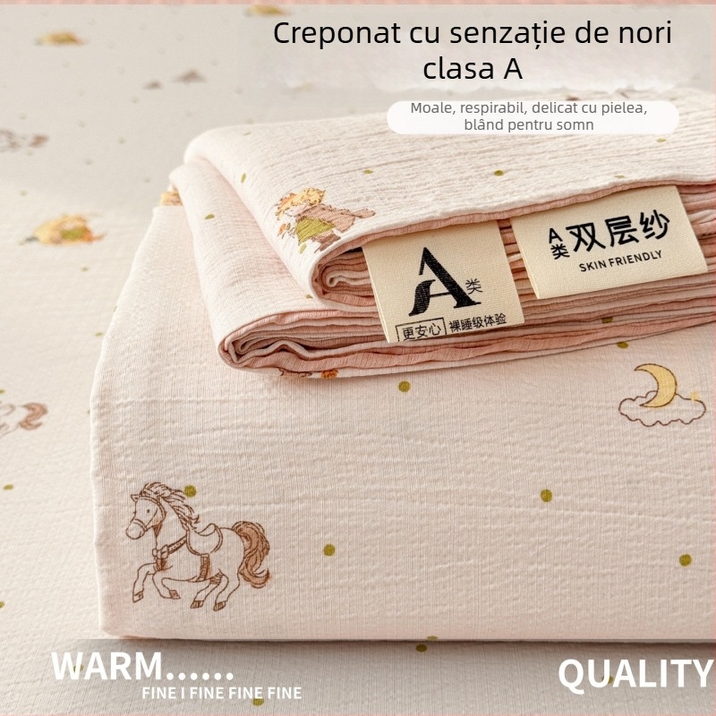 Set de cearșafuri din tifon dublu-strat, gros pentru pat single, cu husă de pernă, clasă A pentru maternitate și sugari, țesătură creponată, model floral, trei piese