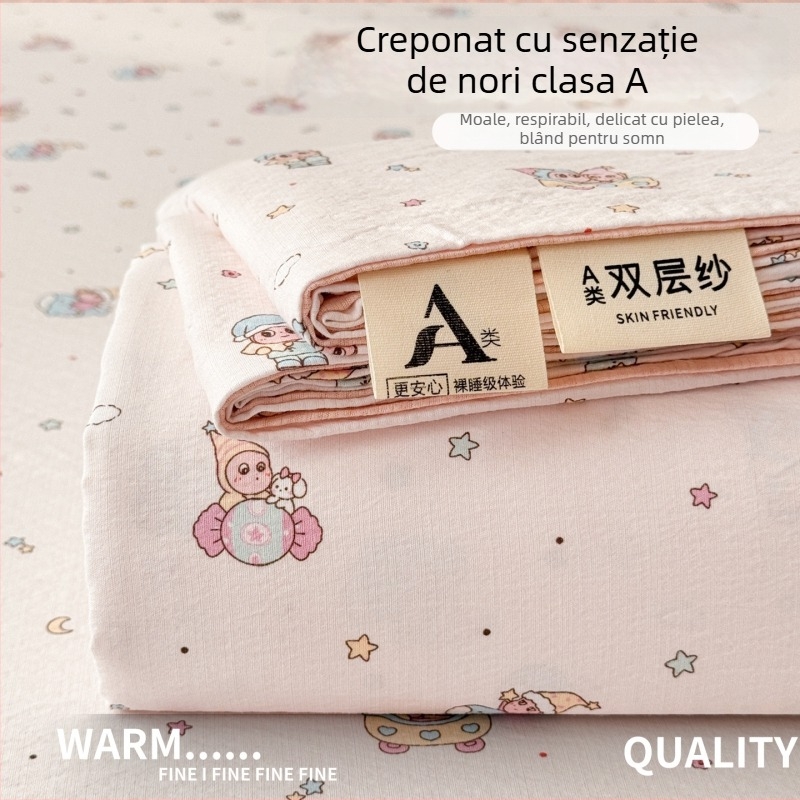 Set de cearșafuri din tifon dublu-strat, gros pentru pat single, cu husă de pernă, clasă A pentru maternitate și sugari, țesătură creponată, model floral, trei piese