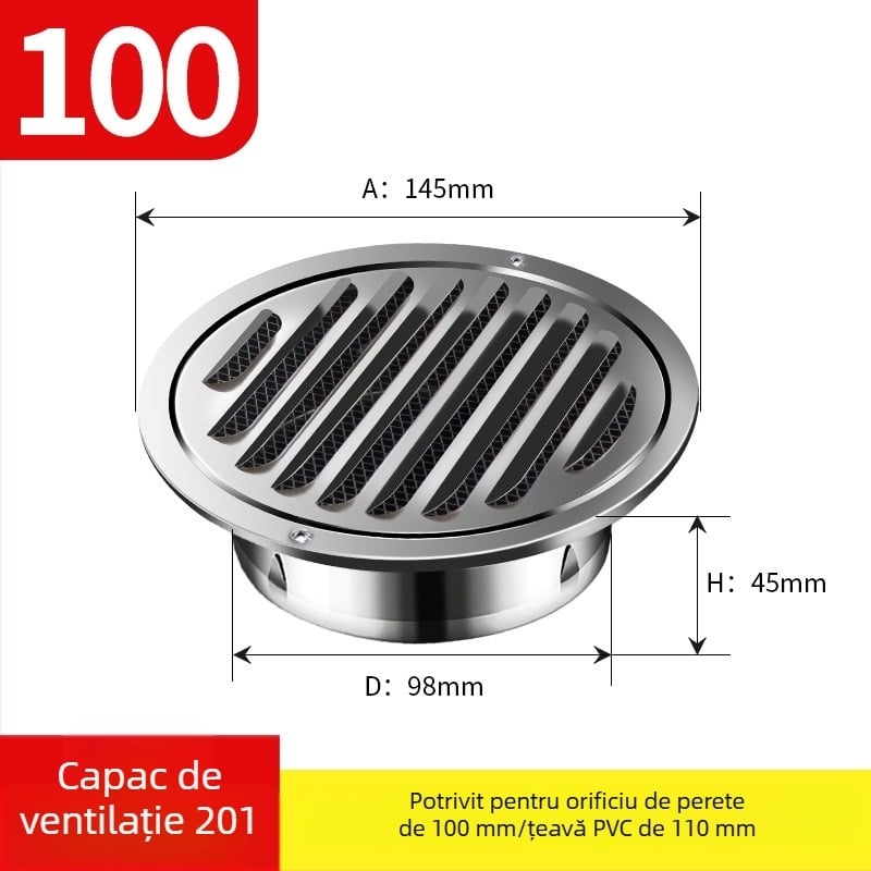 Oțel inoxidabil negru vopsit, capac de ventilație cu capac de evacuare, grilaj circular, obloane, capac respirabil