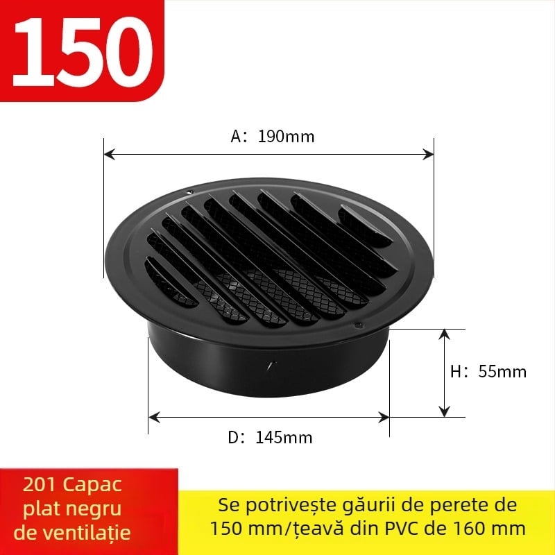 Oțel inoxidabil negru vopsit, capac de ventilație cu capac de evacuare, grilaj circular, obloane, capac respirabil