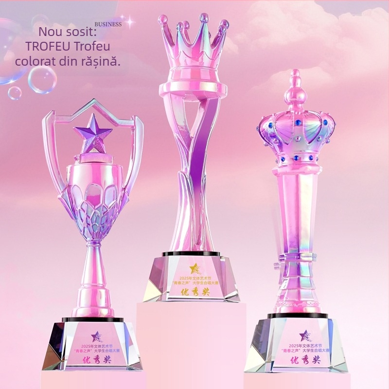 Trofee din cristal colorat, în diferite stiluri, pentru reprezentațiile artistice ale școlilor, trofee de premiere personalizabile.