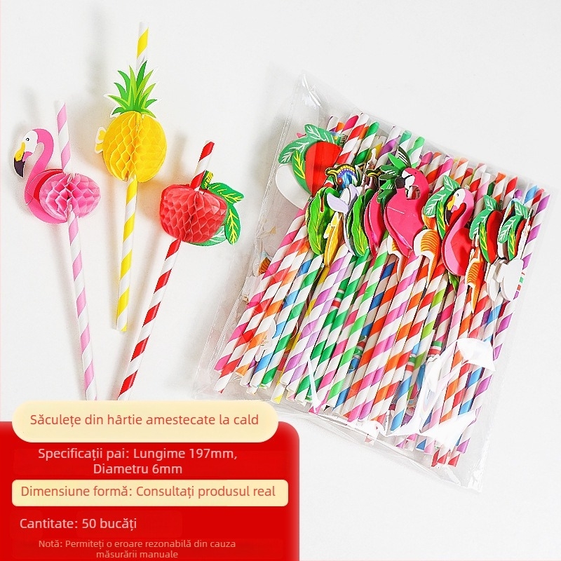 Pai de unică folosinţă din hârtie cu ananas şi umbrelă mică, pai decorativ pentru suc cu design de palmier