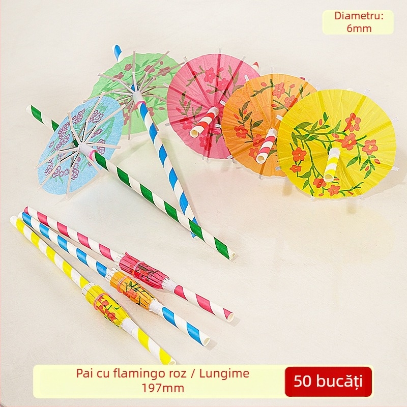 Pai de unică folosinţă din hârtie cu ananas şi umbrelă mică, pai decorativ pentru suc cu design de palmier