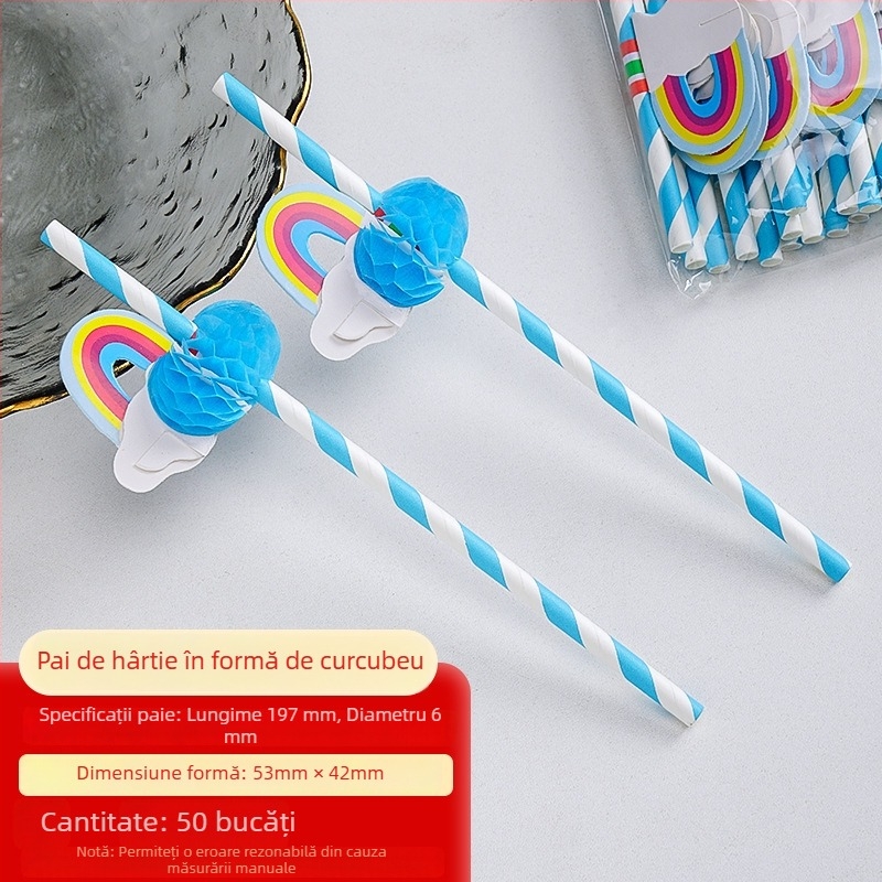 Pai de unică folosinţă din hârtie cu ananas şi umbrelă mică, pai decorativ pentru suc cu design de palmier