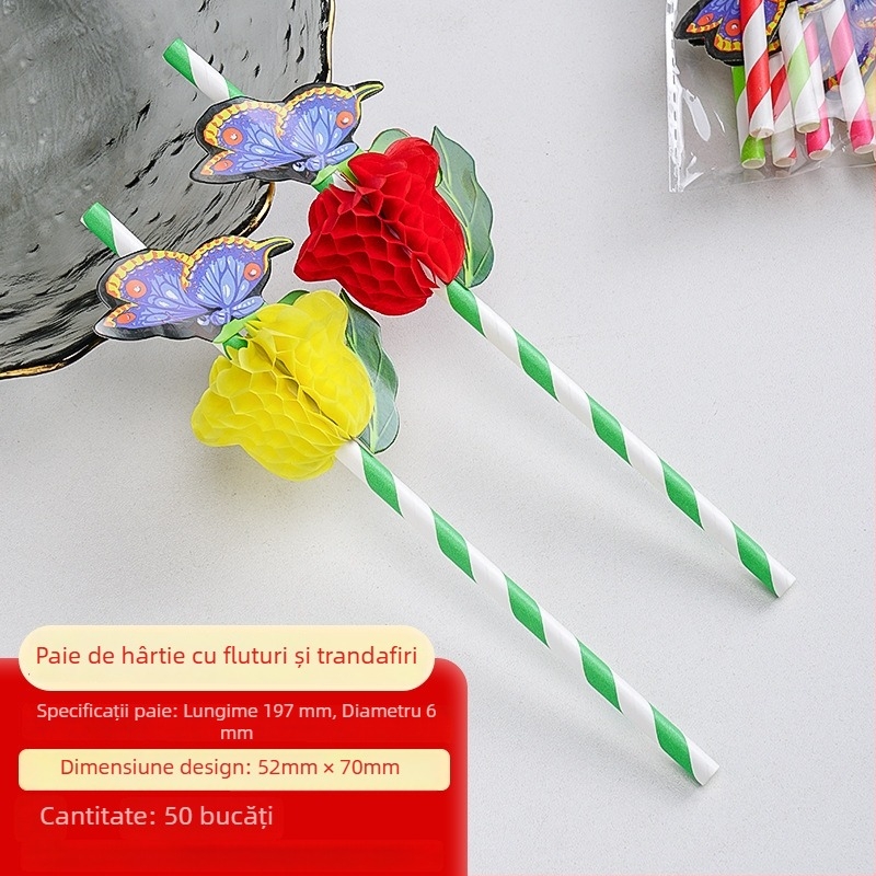 Pai de unică folosinţă din hârtie cu ananas şi umbrelă mică, pai decorativ pentru suc cu design de palmier