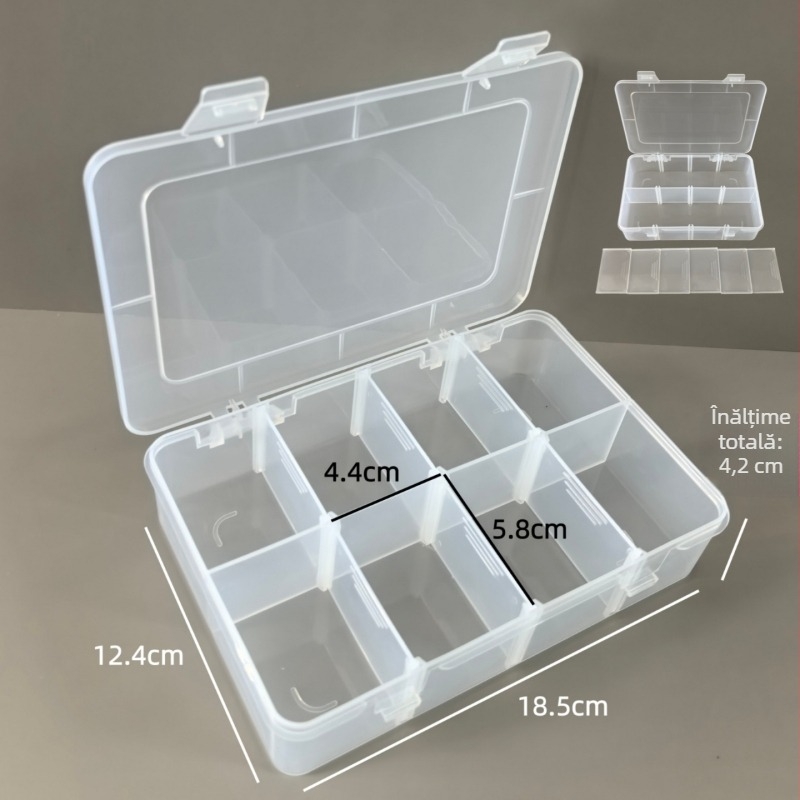 Cutie plastic transparentă dreptunghiulară, cu 8 compartimente, pentru unelte și piese electromecanice, cutie de expunere