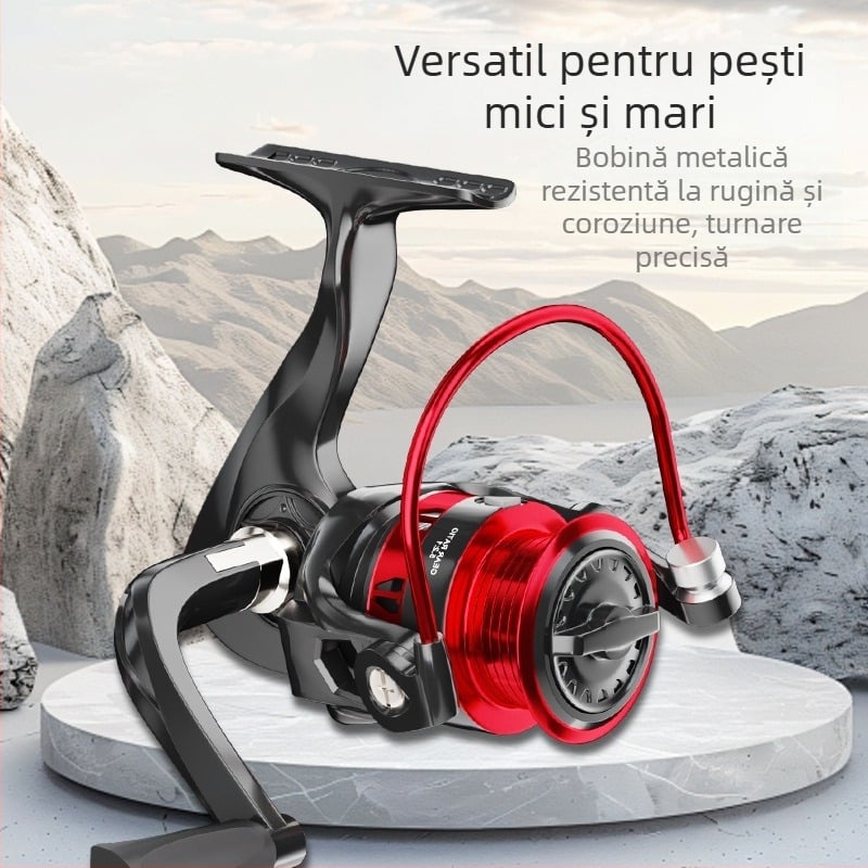 Mulină de pescuit spinning, integral metalică, tambur puțin adânc, pentru pescuit marin și aruncări lungi.