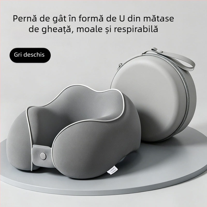 Pernă cervicală în formă de U, cu spumă cu memorie, material Ice Silk Nylon, pentru călătorii și somn