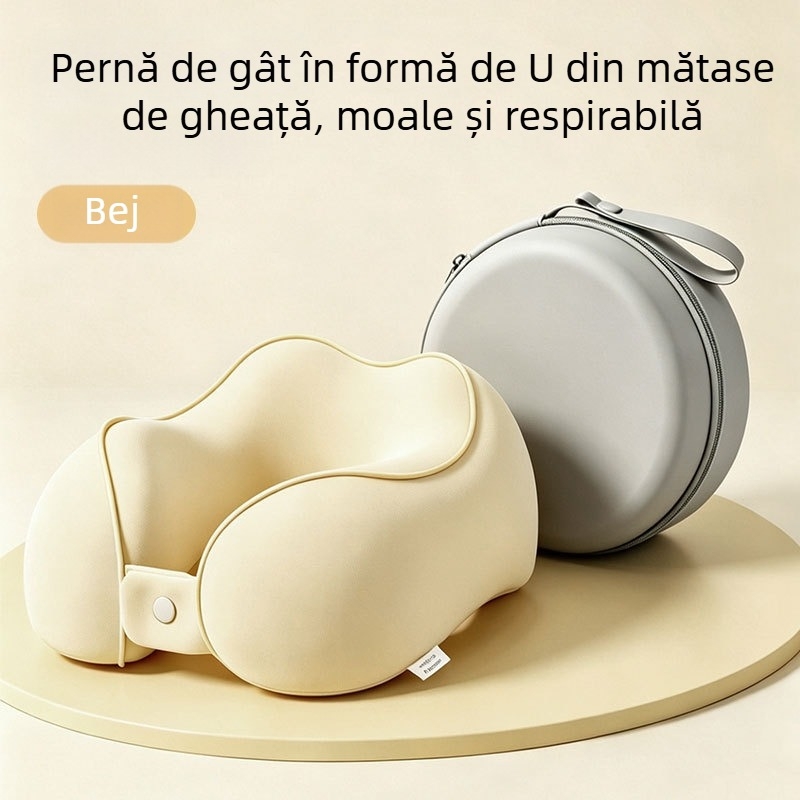 Pernă cervicală în formă de U, cu spumă cu memorie, material Ice Silk Nylon, pentru călătorii și somn