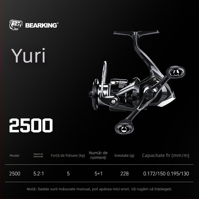 BearKing Yuri mulinetă spinning din carbon cu mâner dublu, pentru momeli, nivel începător, micro universal