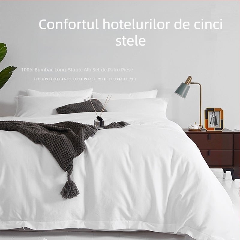 Set de lenjerie de pat din satin de bumbac pentru hoteluri, patru piese, husă de pilotă și cearșaf, 100% bumbac, vopsire reactive