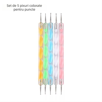 Pix dublu vârf pentru puncte pe unghii, set de 5 piese, tijă spirală pentru nail art