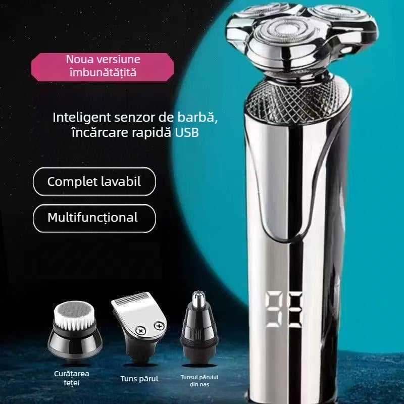 Aparat de ras electric pentru bărbați, portabil și inteligent, cu trei lame, încărcare rapidă, trimmer de barbă puternic și reîncărcabil