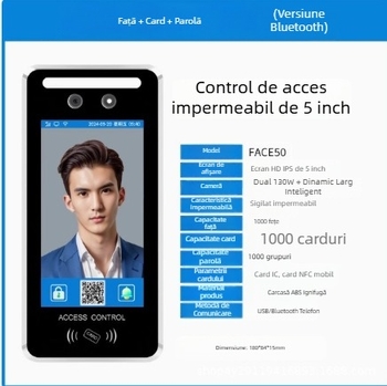 Sistem de prezență și control al accesului de 5 inci, cu recunoaștere facială dinamică, parolă, Wi‑Fi, deblocare prin amprentă, rezistent la apă