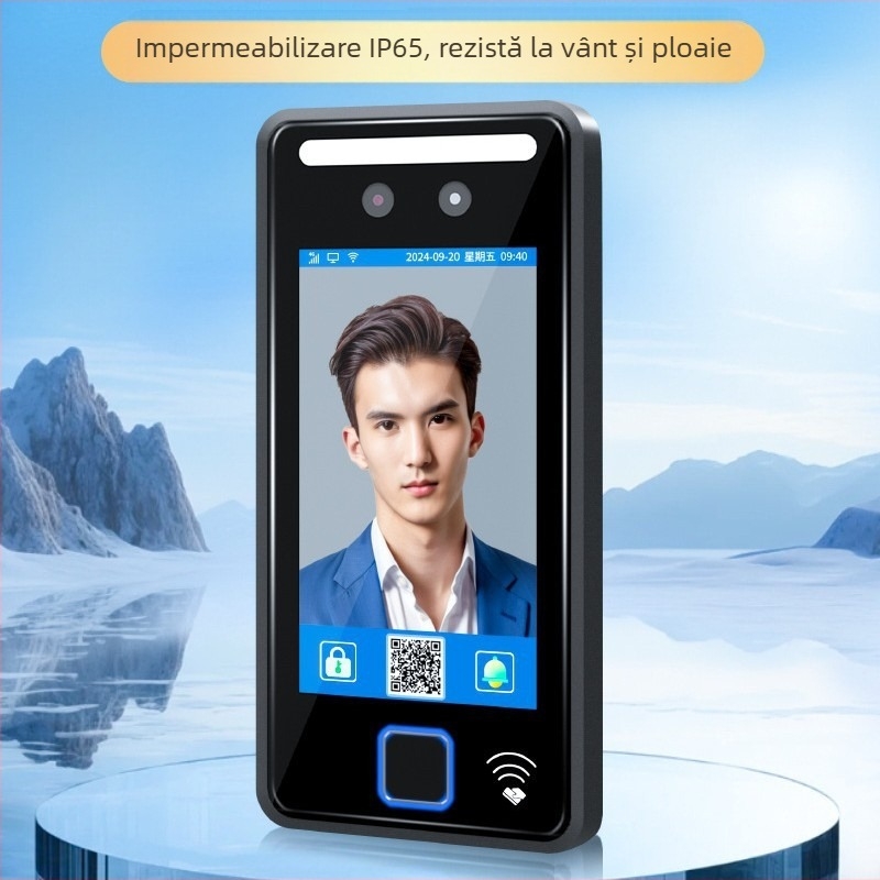 Sistem de prezență și control al accesului de 5 inci, cu recunoaștere facială dinamică, parolă, Wi‑Fi, deblocare prin amprentă, rezistent la apă