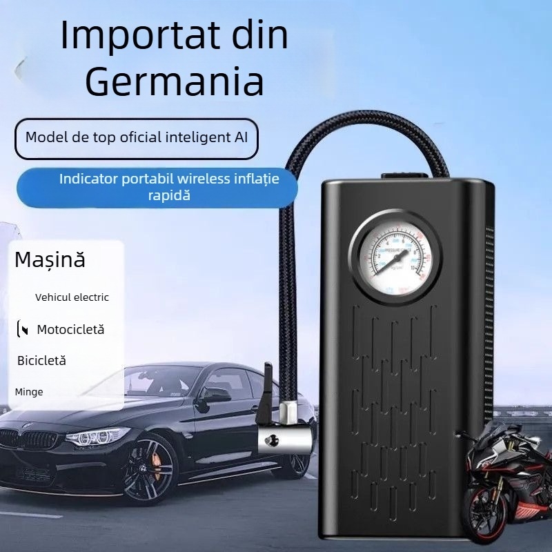 Pompă de pneuri auto fără fir, cu manometru, putere mare, portabilă, afișaj