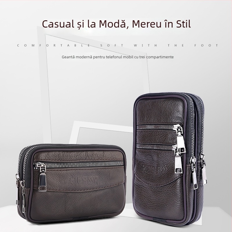 Geantă de talie pentru bărbați din piele naturală, verticală, 7 inch, multifuncțională, piele de primă calitate, antifurt