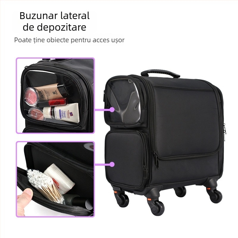 Cutie de machiaj pentru makeup artist, geantă rulatoare cu mâner telescopic, organizator portabil pentru manichiură și machiaj, capacitate mare