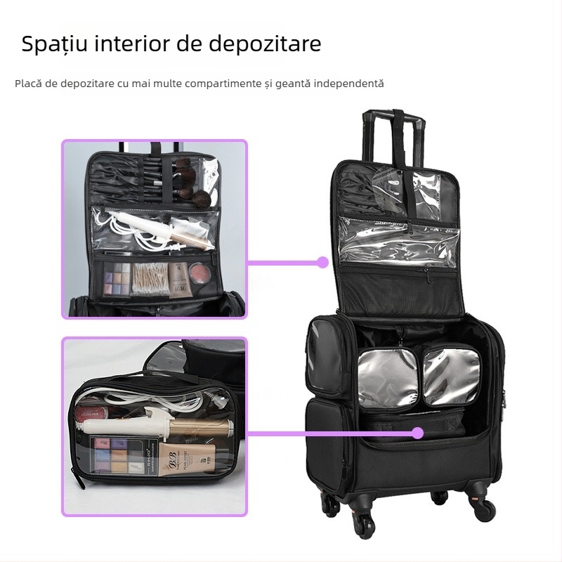Cutie de machiaj pentru makeup artist, geantă rulatoare cu mâner telescopic, organizator portabil pentru manichiură și machiaj, capacitate mare