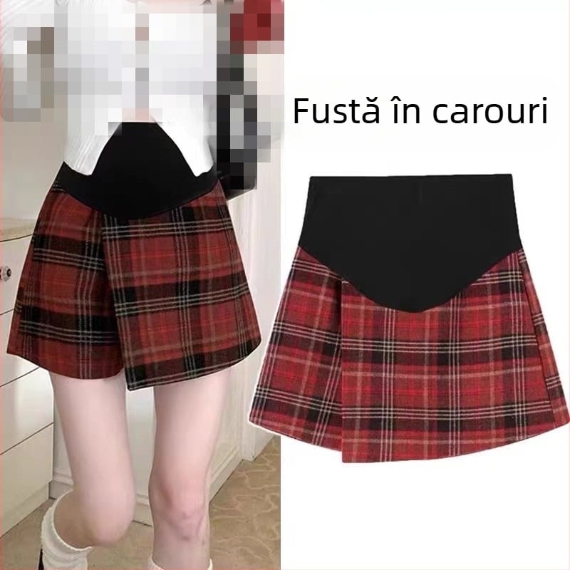 Fustă-pantalon maternitate din lână, toamnă-iarnă, carouri roșii, model retro scurt, croială A, suport pentru abdomen